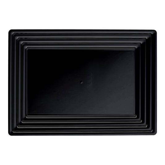 Black rectangular plastic serving tray with groove rim, perfect for elegant and practical food presentation