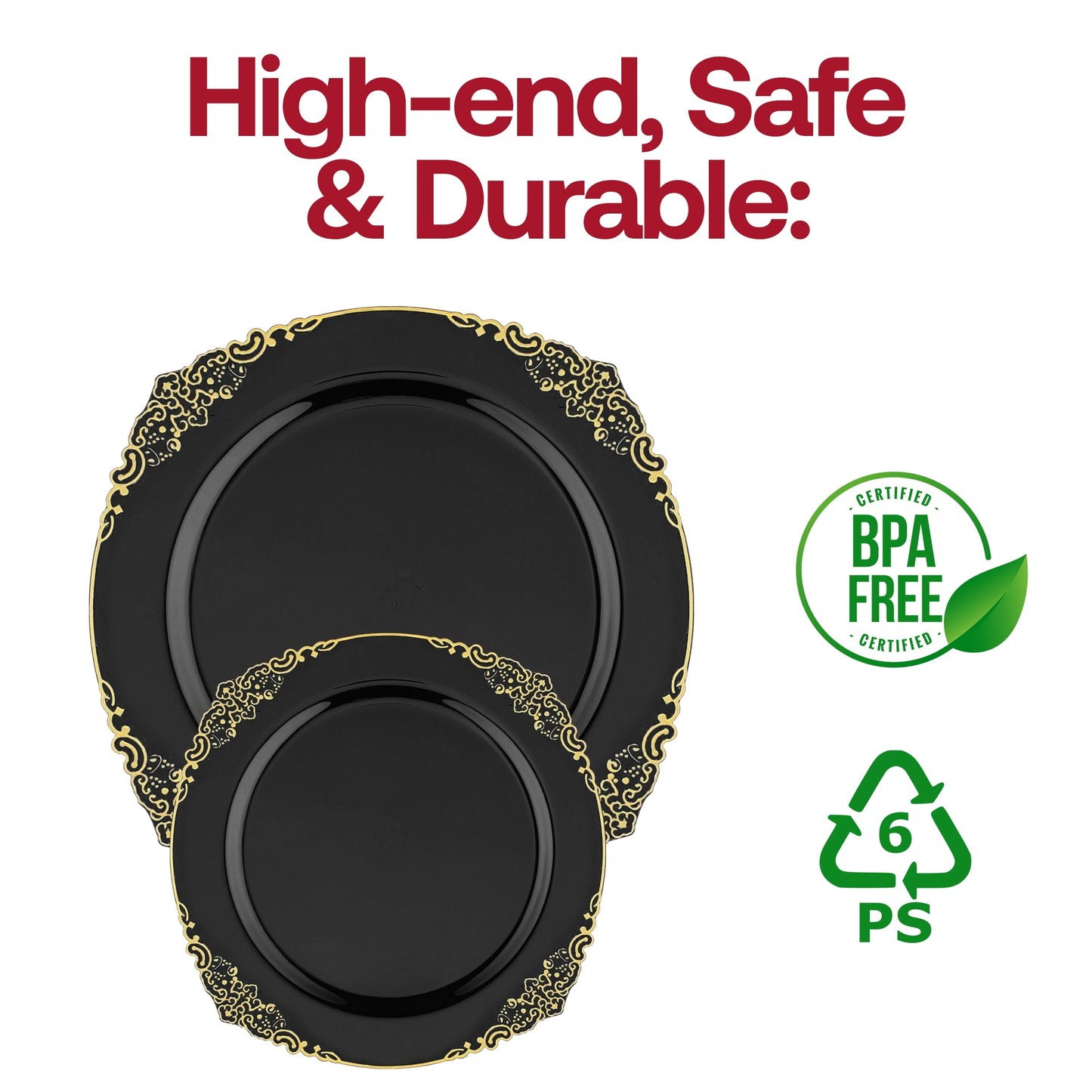 Black round dinner plates with fancy gold detailing, made from durable plastic, BPA-free and disposable