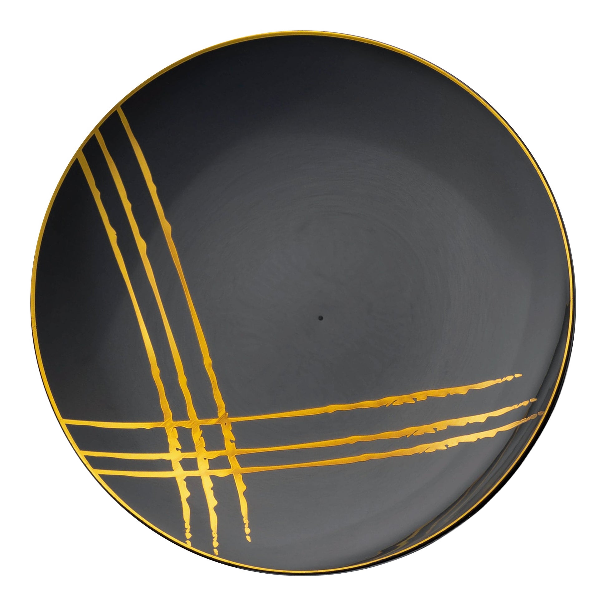 Black round dinner plates with metallic gold brushstroke accents