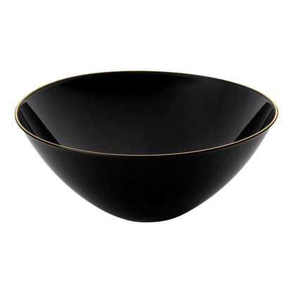Black round disposable plastic bowl with a gold rim, 32 oz capacity