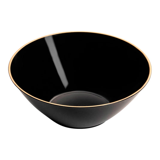 Black round disposable plastic dessert bowls with an elegant gold rim