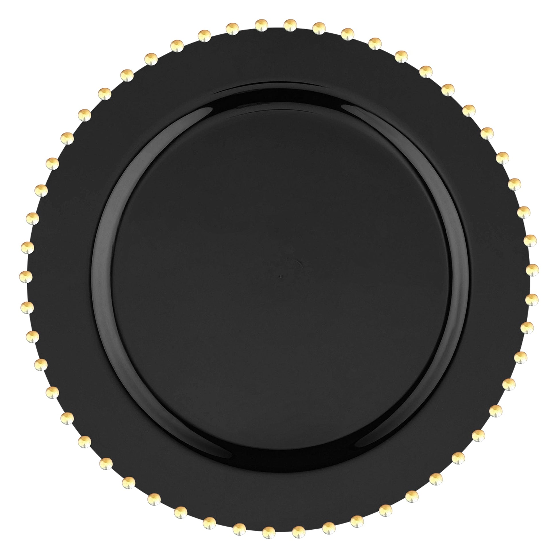 Black round disposable plastic dinner plates with a gold pearl string rim, 10-inch diameter