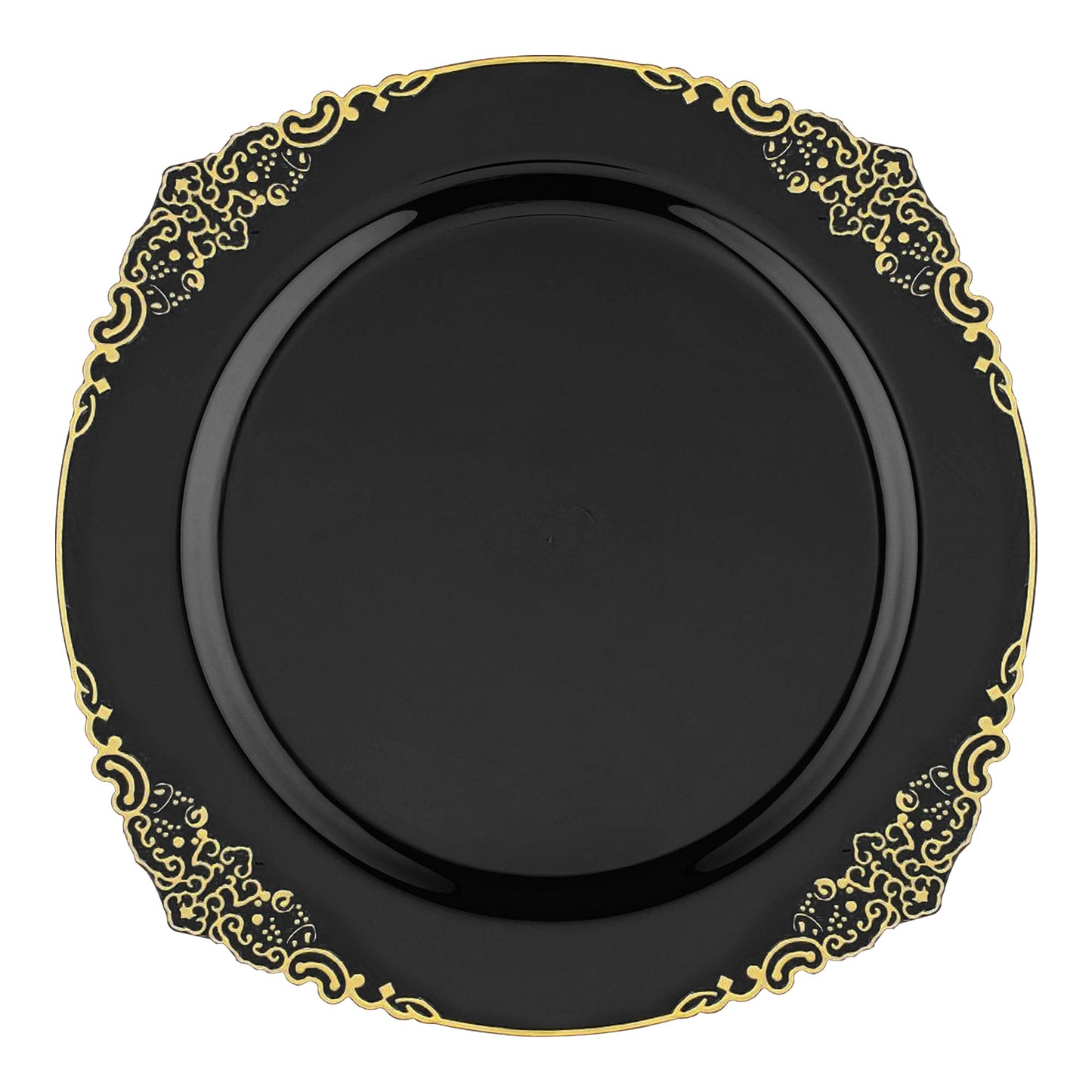 Black round disposable plastic dinner plates with elegant gold detailing