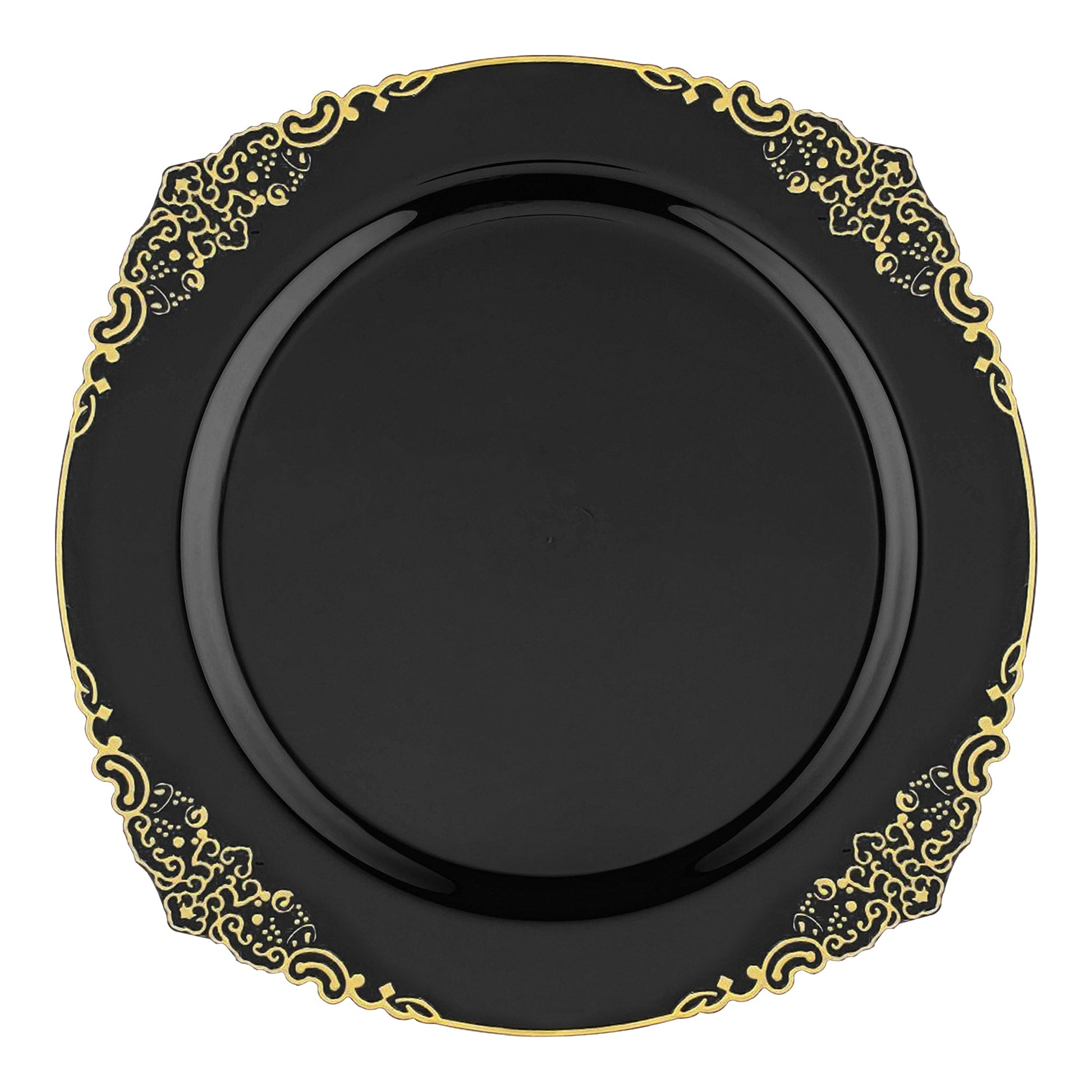 Black round disposable plastic dinner plates with elegant gold detailing