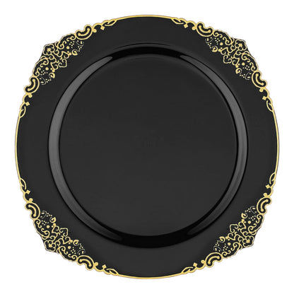 Black round disposable plastic dinner plates with elegant gold detailing