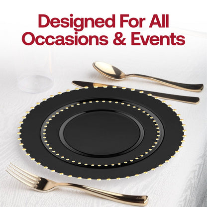 Black round disposable salad plates with a gold pearl string pattern, durable plastic construction, 7 inches in diameter, 120-pack