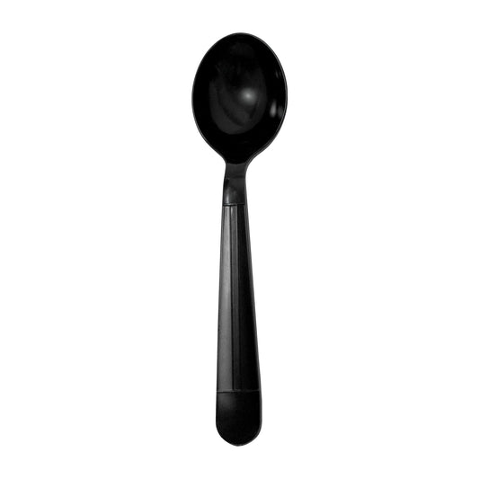 Black soup spoon with sturdy, heavy-weight plastic construction ideal for hot soups and stews