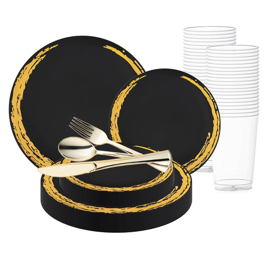 Black with Gold Moonlight Round Disposable Plastic Wedding Value Set with gold cutlery, offering a sleek and elegant design that adds sophistication and charm to any special occasion