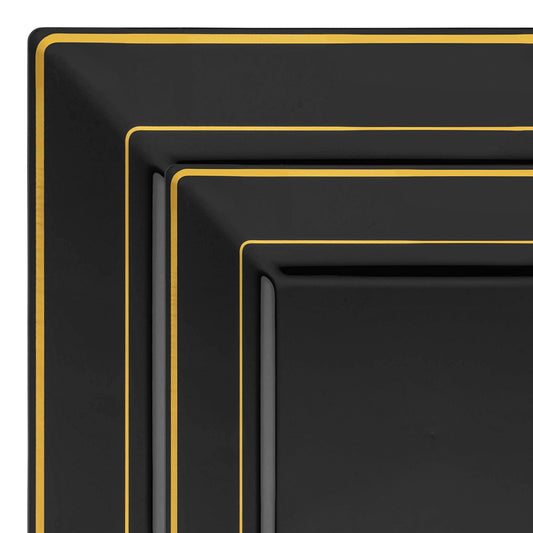 Black with Gold Square Edge Rim Disposable Plastic Dinnerware Set, designed to bring a touch of elegance to your dining experience