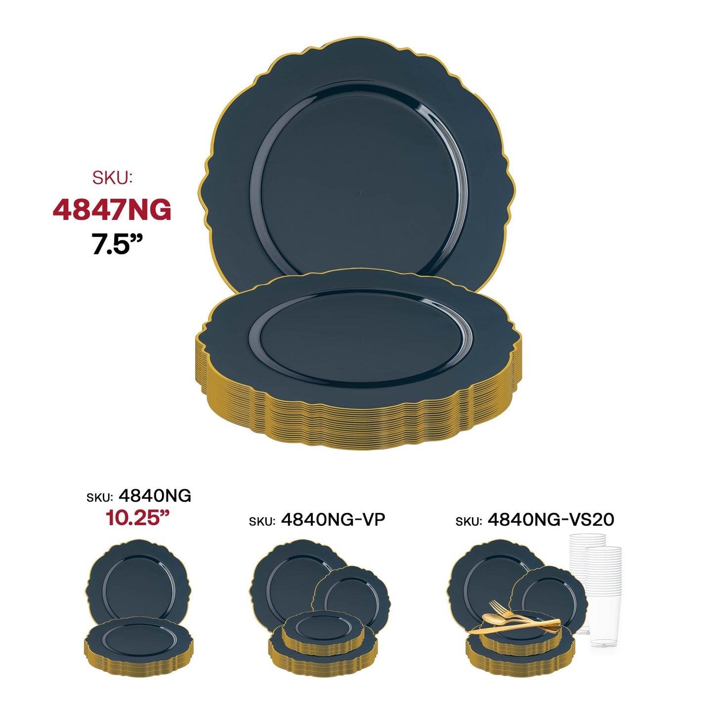 Blossom-shaped navy blue appetizer plates with a gold rim, 7.5-inch round disposable plastic design