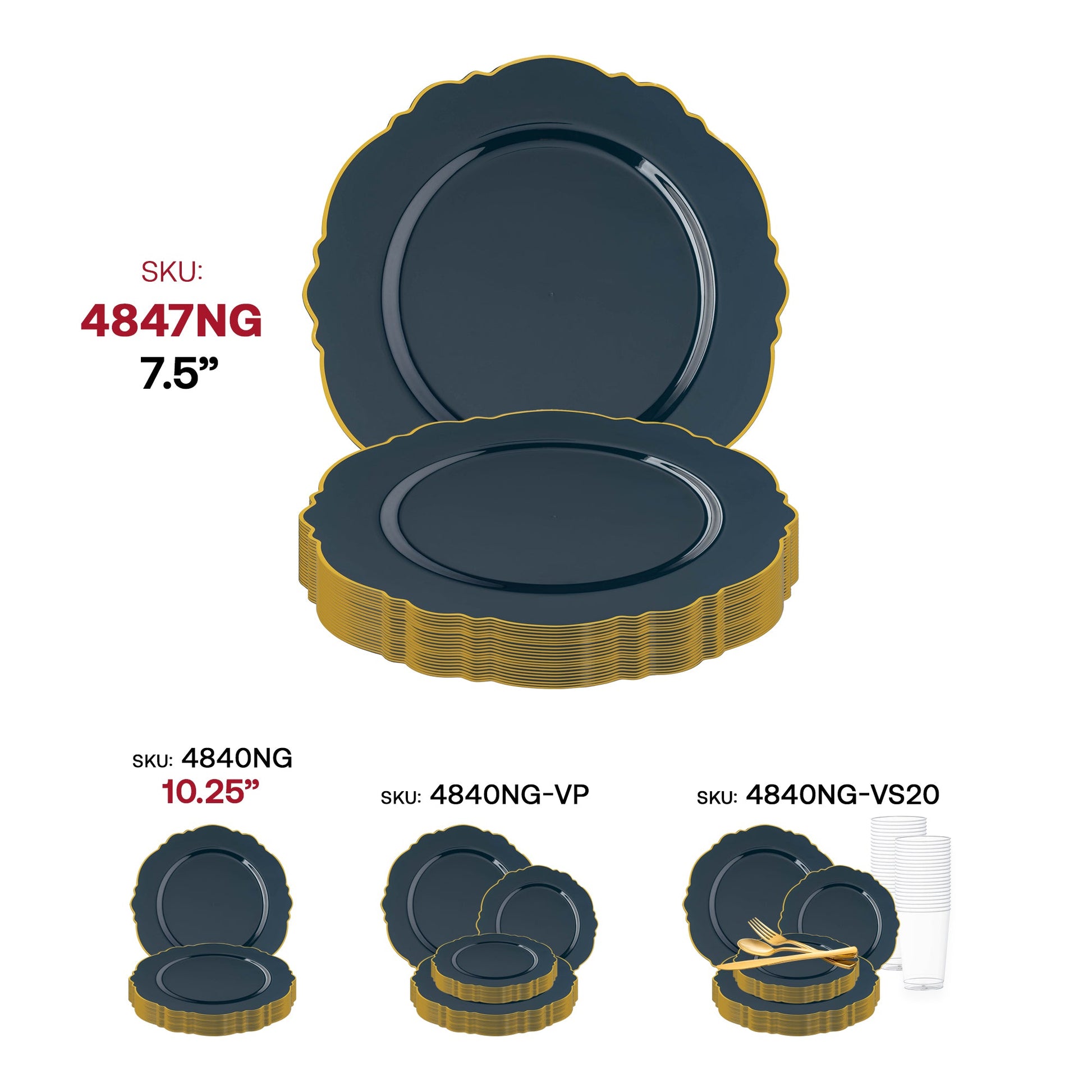 Blossom-shaped navy blue appetizer plates with a gold rim, 7.5-inch round disposable plastic design