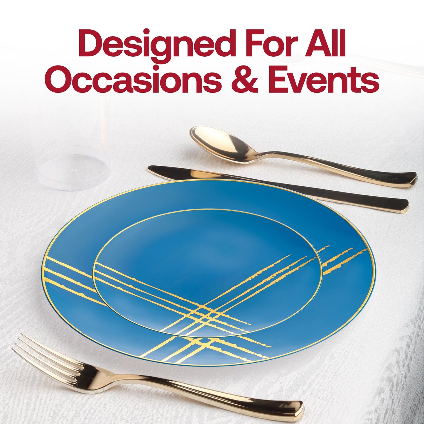 Blue plastic dinner plates featuring a stylish gold brushstroke pattern, 10.25 inches in diameter, perfect for events