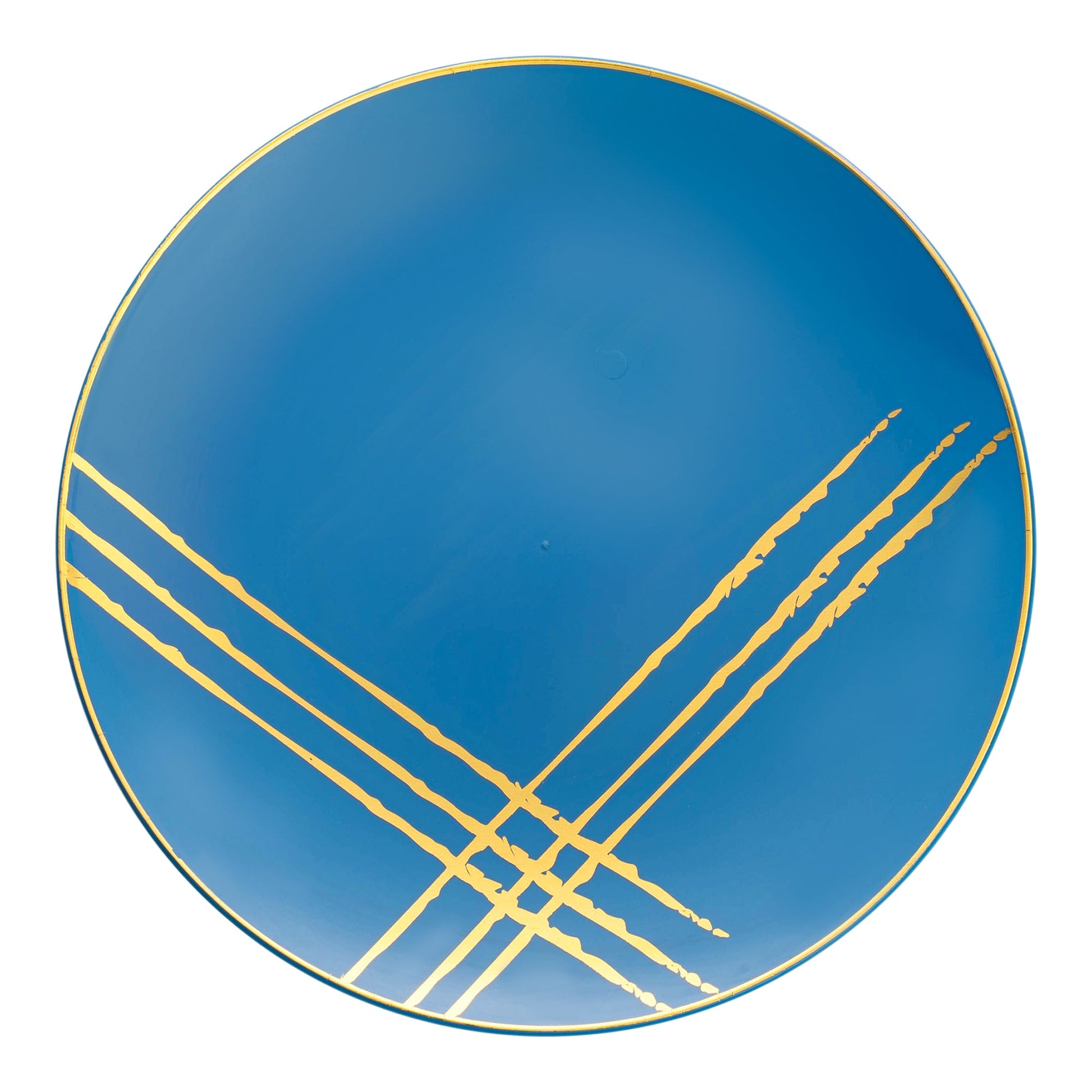 Blue round disposable plastic dinner plates with a gold brushstroke design