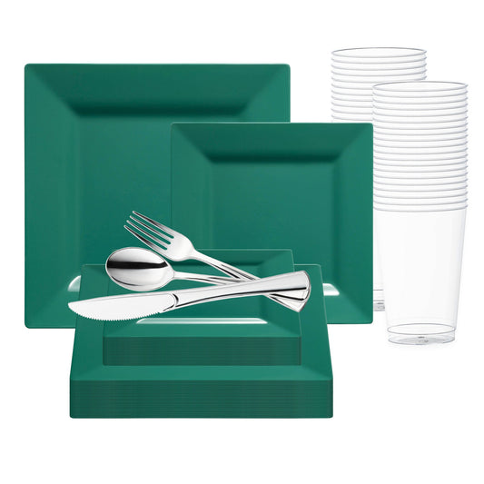 Bring bold elegance to your event with the Hunter Green Square Plastic Plates Wedding Value Set, perfect for modern tablescapes
