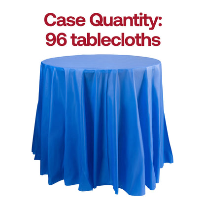 Bulk pack of 96 navy round disposable plastic tablecloths, 84-inch size, ideal for catering and large event coordination.