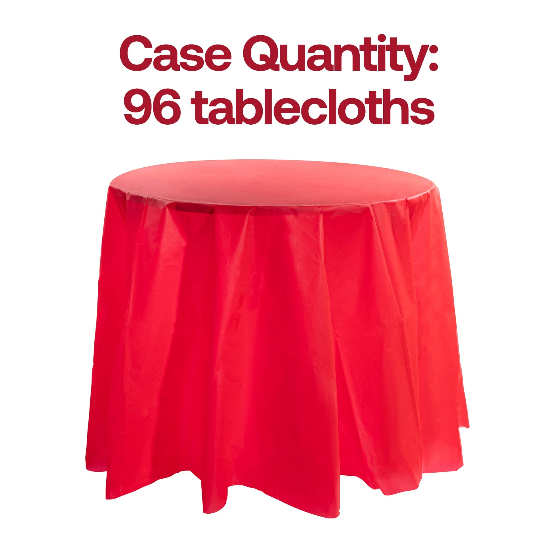 Bulk pack of 96 red round disposable plastic tablecloths, each 84 inches, perfect for catering and large gatherings.