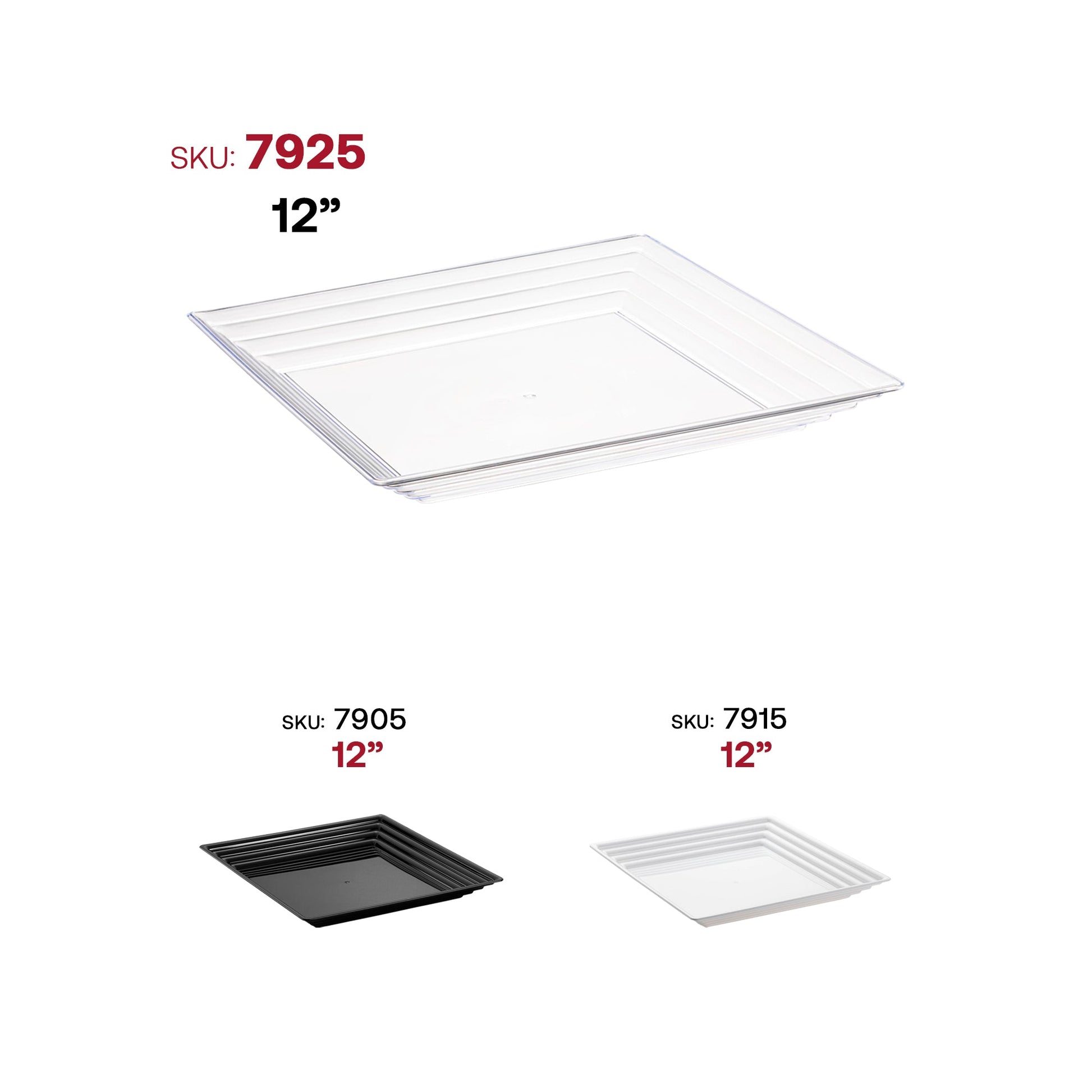 Bulk set includes 8 packs of 3 clear square plastic trays, totaling 24 trays for catering and large events
