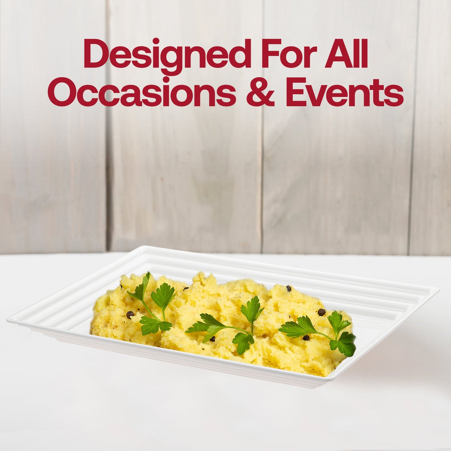 Bulk set includes 8 packs of 3 white rectangular plastic trays, totaling 24 trays, ideal for catering and large gatherings