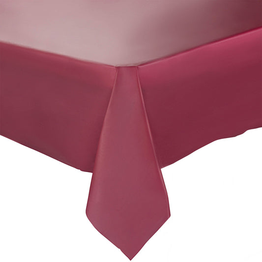 Burgundy rectangular disposable plastic tablecloth measuring 54 x 108 inches, perfect for parties, events, and gatherings, sold in a 96-pack.