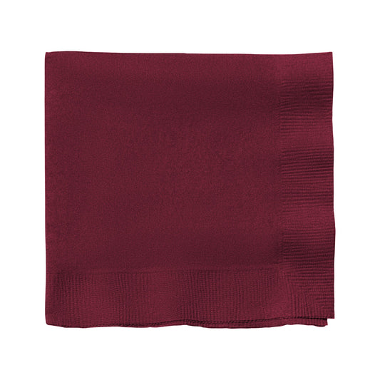 Burgundy red paper cocktail napkins, 10" x 10", soft, absorbent, and stylish, ideal for serving drinks and appetizers.