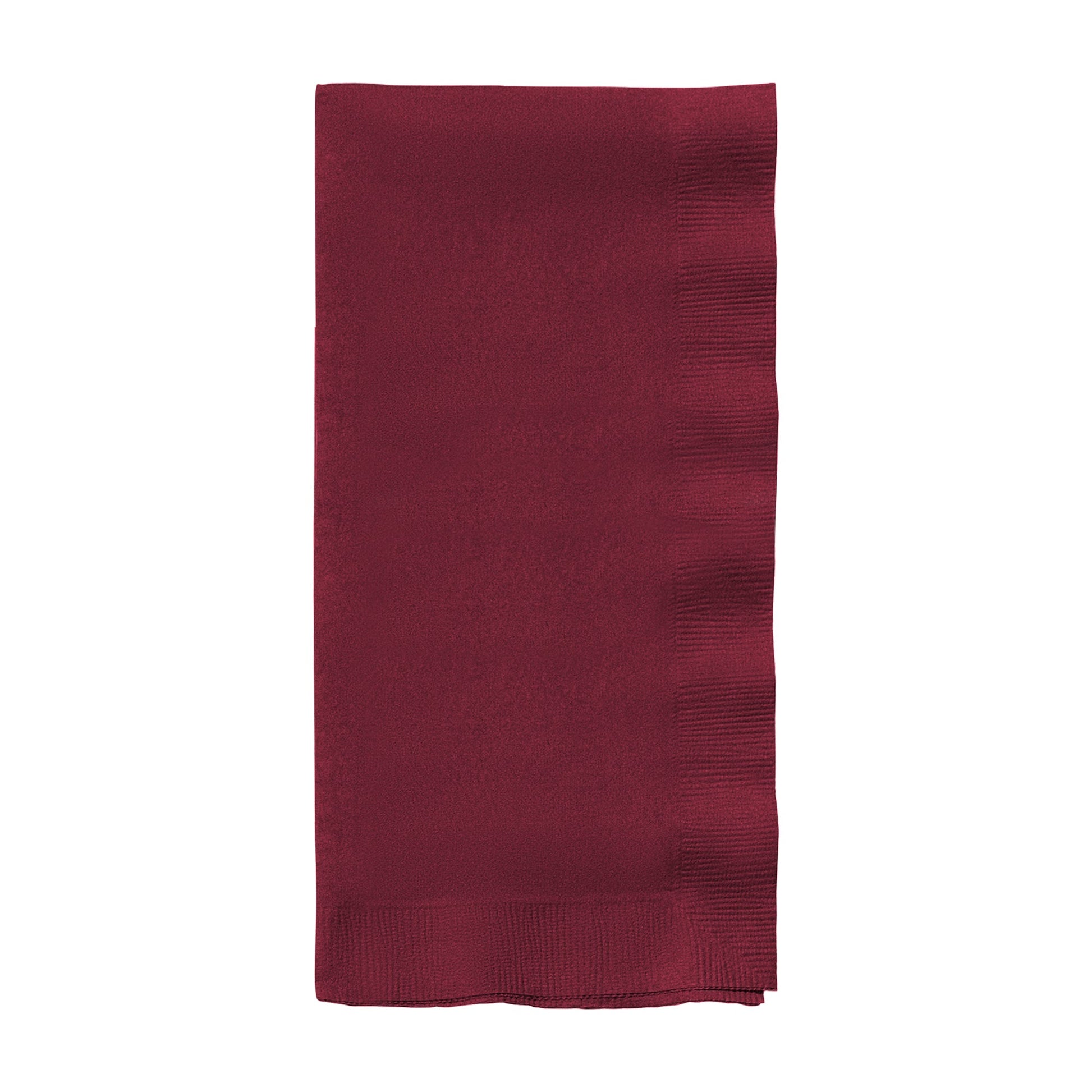 Burgundy red paper dinner napkins, 16" x 16", soft, absorbent, and stylish, ideal for any party or elegant event.