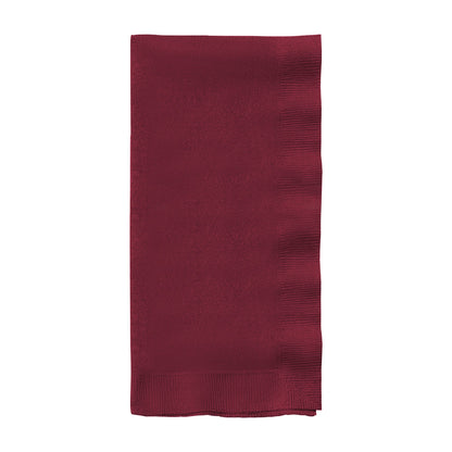 Burgundy red paper dinner napkins, 16" x 16", soft, absorbent, and stylish, ideal for any party or elegant event.