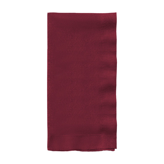 Burgundy red paper dinner napkins, 16" x 16", soft, absorbent, and stylish, ideal for any party or elegant event.