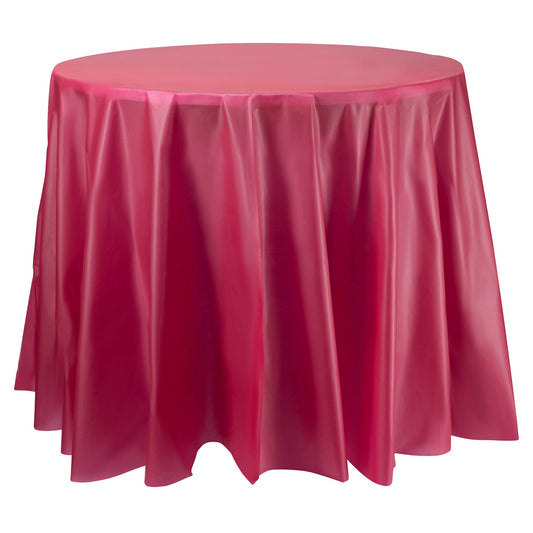 Burgundy round plastic tablecloths, 84-inch diameter, disposable and perfect for parties, dinners, or formal events, case of 96.