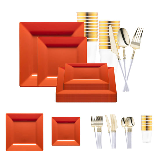 Burnt Orange Square Disposable Plastic Tableware Set adds a vibrant, sophisticated glow to weddings, receptions, and festive occasions
