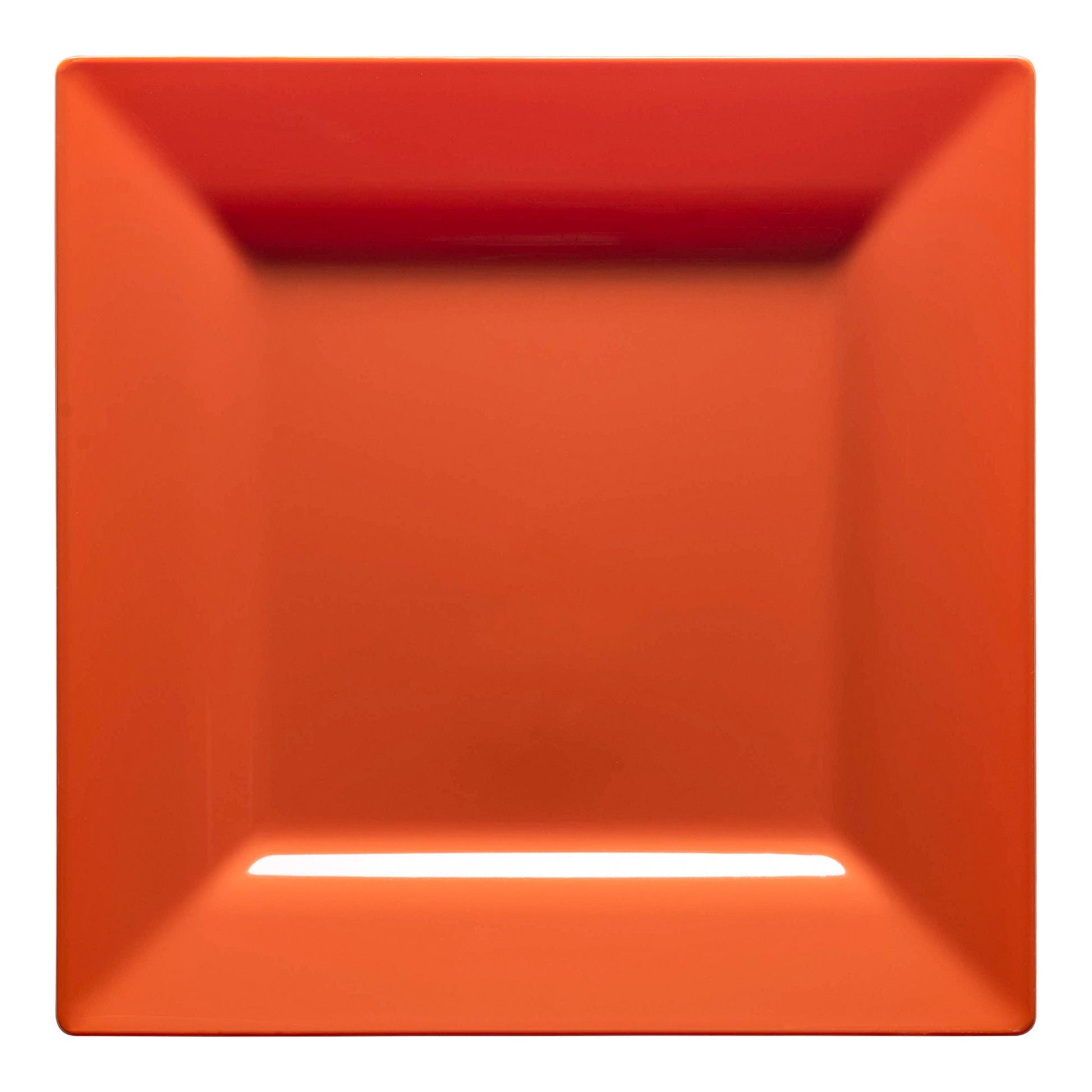 Burnt orange disposable plastic cake plates with a modern square design, 6.5 inches