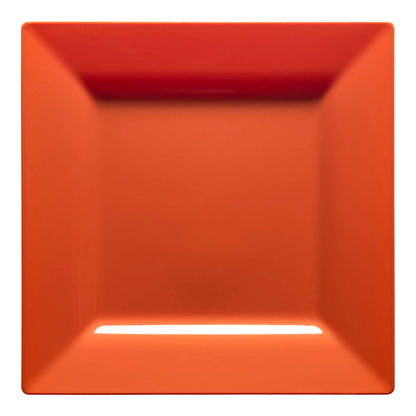 Burnt orange disposable plastic cake plates with a modern square design, 6.5 inches