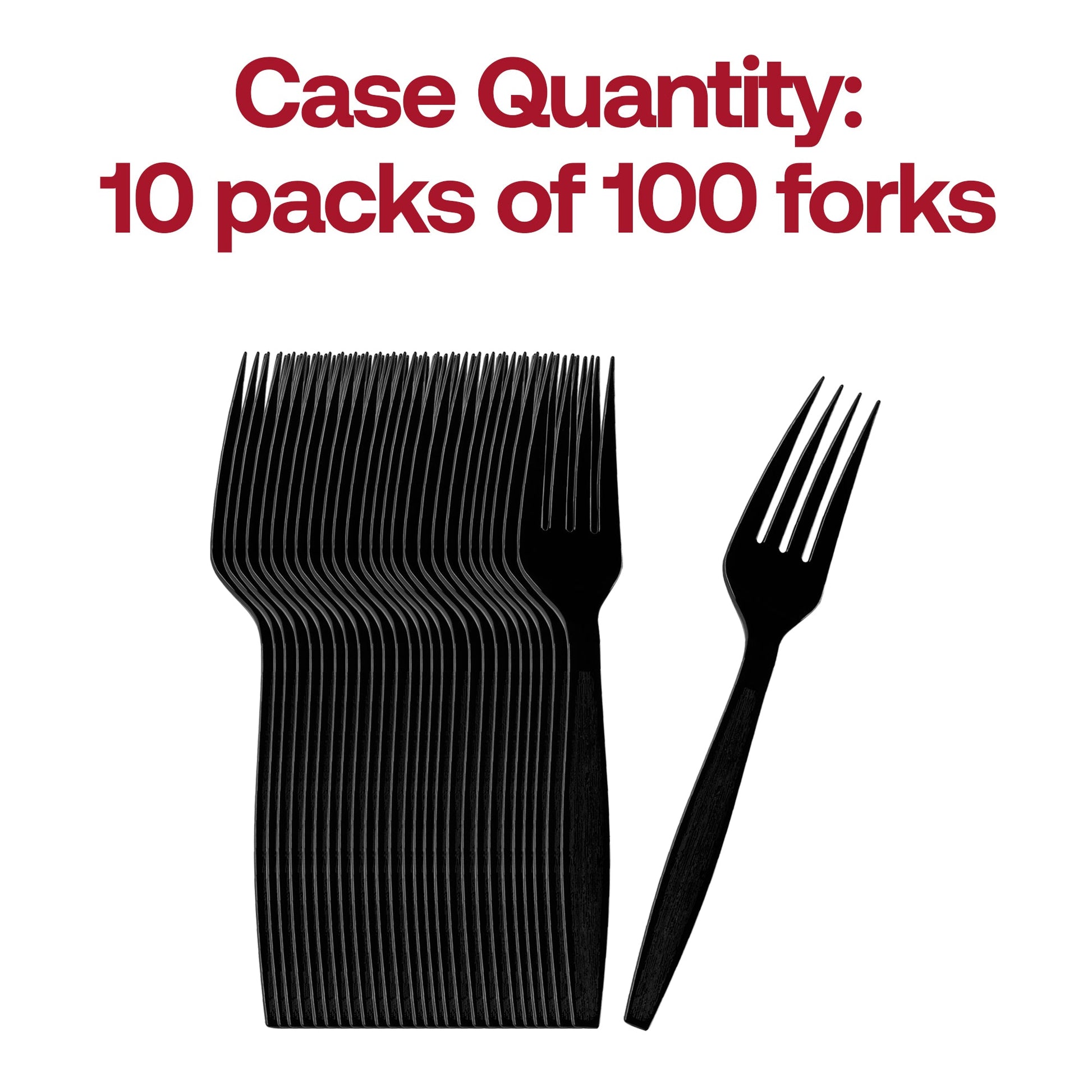 Case of 1,000 black plastic forks, 7 inches long, ideal for bulk food service and catering needs