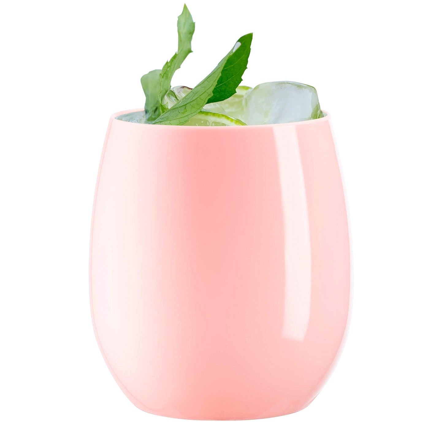Chic and fancy solid pink stemless plastic wine glasses, 12 oz capacity, sold in a convenient 64-pack