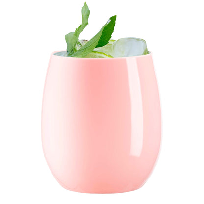 Chic and fancy solid pink stemless plastic wine glasses, 12 oz capacity, sold in a convenient 64-pack