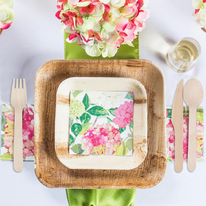 Chic wedding scene using the Square Palm Leaf Disposable Wedding Set, ideal for earthy, sustainable events