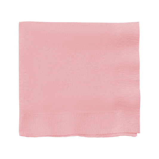 Classic pink paper cocktail napkins with 10" x 10" unfolded size, ideal for drinks and parties; pack includes 600 disposable napkins