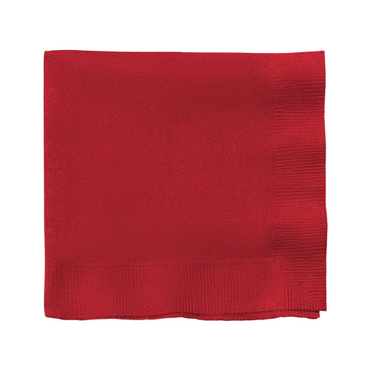 Classic red paper cocktail napkin unfolded to 10 x 10 inches, part of a 600-count bulk pack for parties or events.