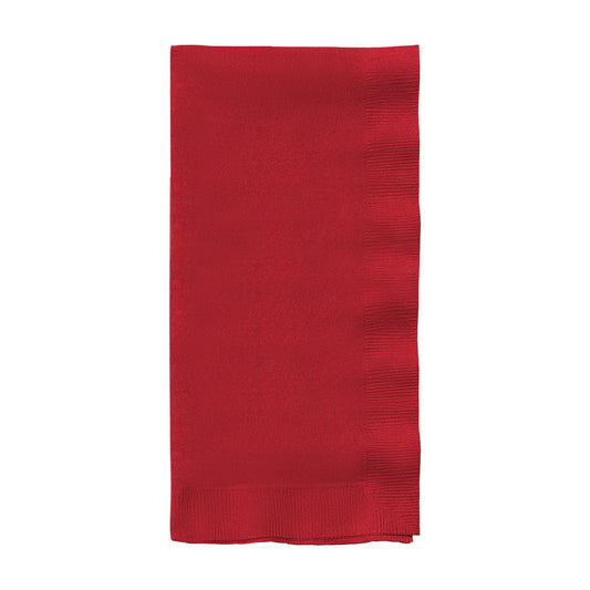 Classic red paper dinner napkin measuring 16 x 16 inches, unfolded from a 600-count bulk case.