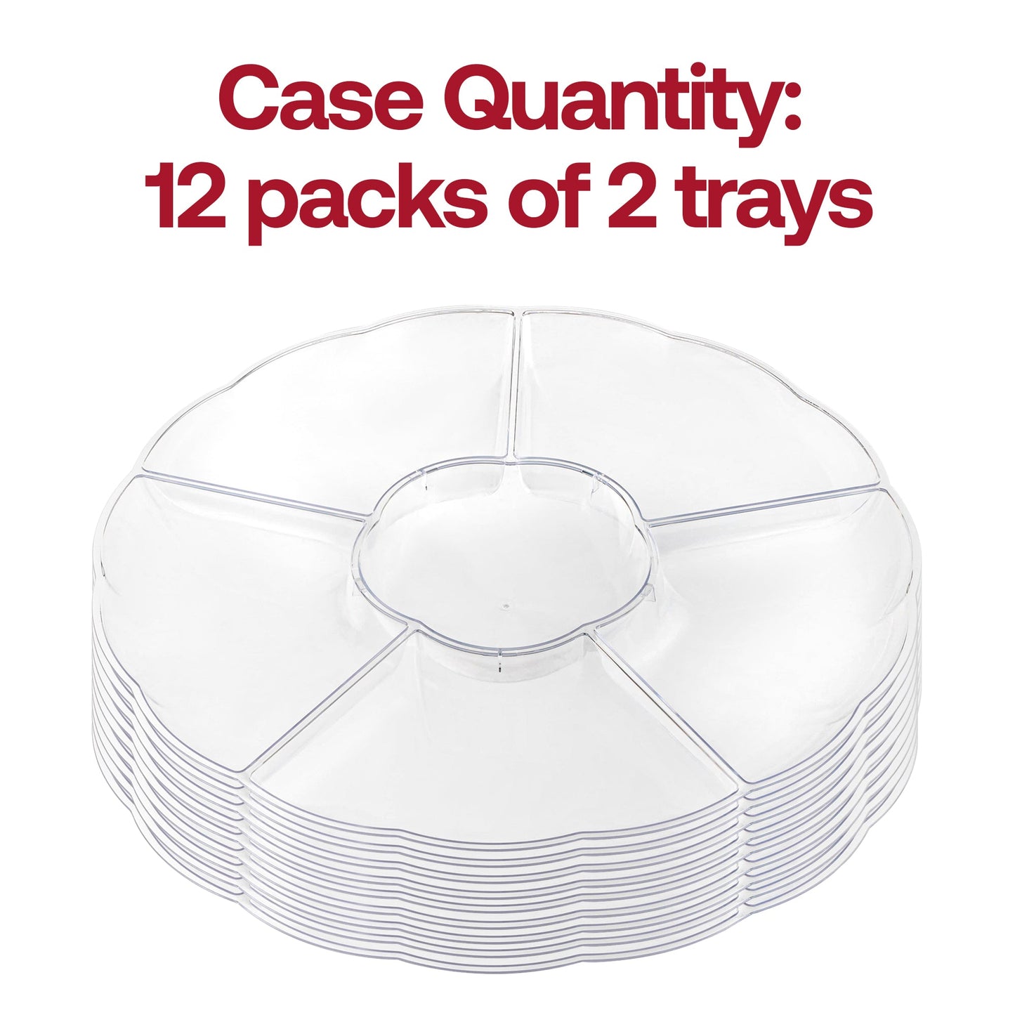 Clear 6-partition tray displayed at a catered event, designed for all occasions including parties and receptions