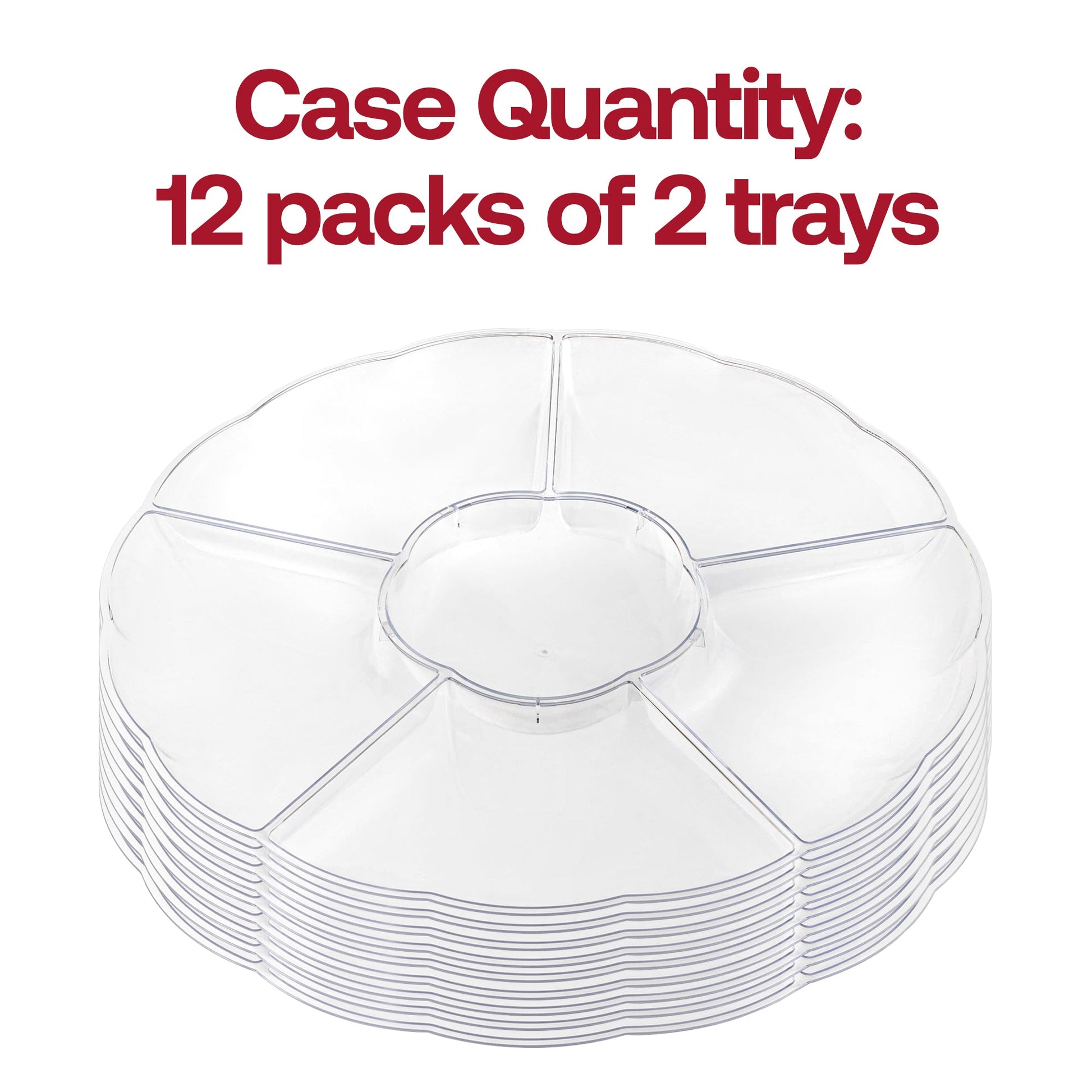 Clear 6-partition tray displayed at a catered event, designed for all occasions including parties and receptions