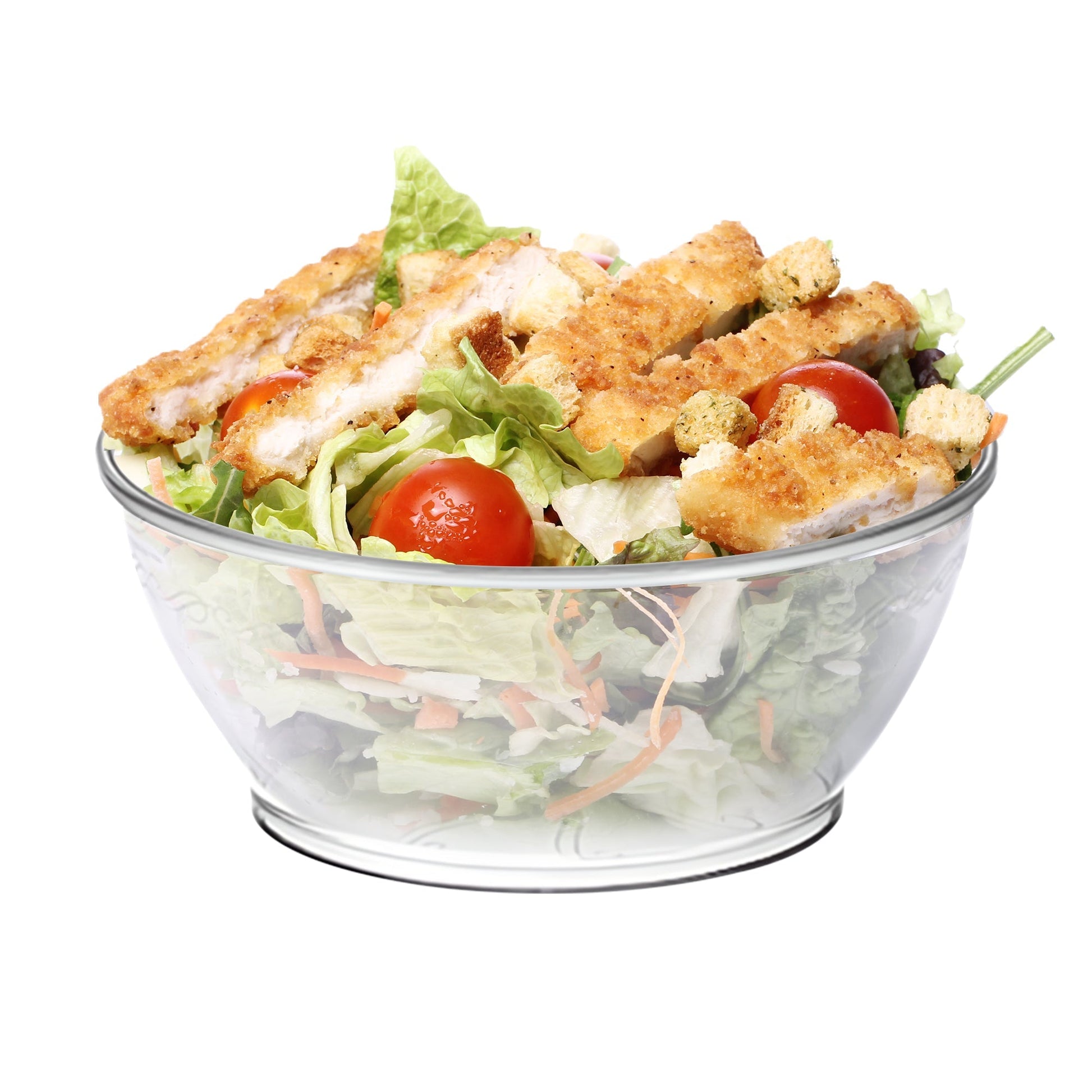 Clear 6 oz plastic bowls with a decorative floral design, round and disposable, perfect for serving desserts