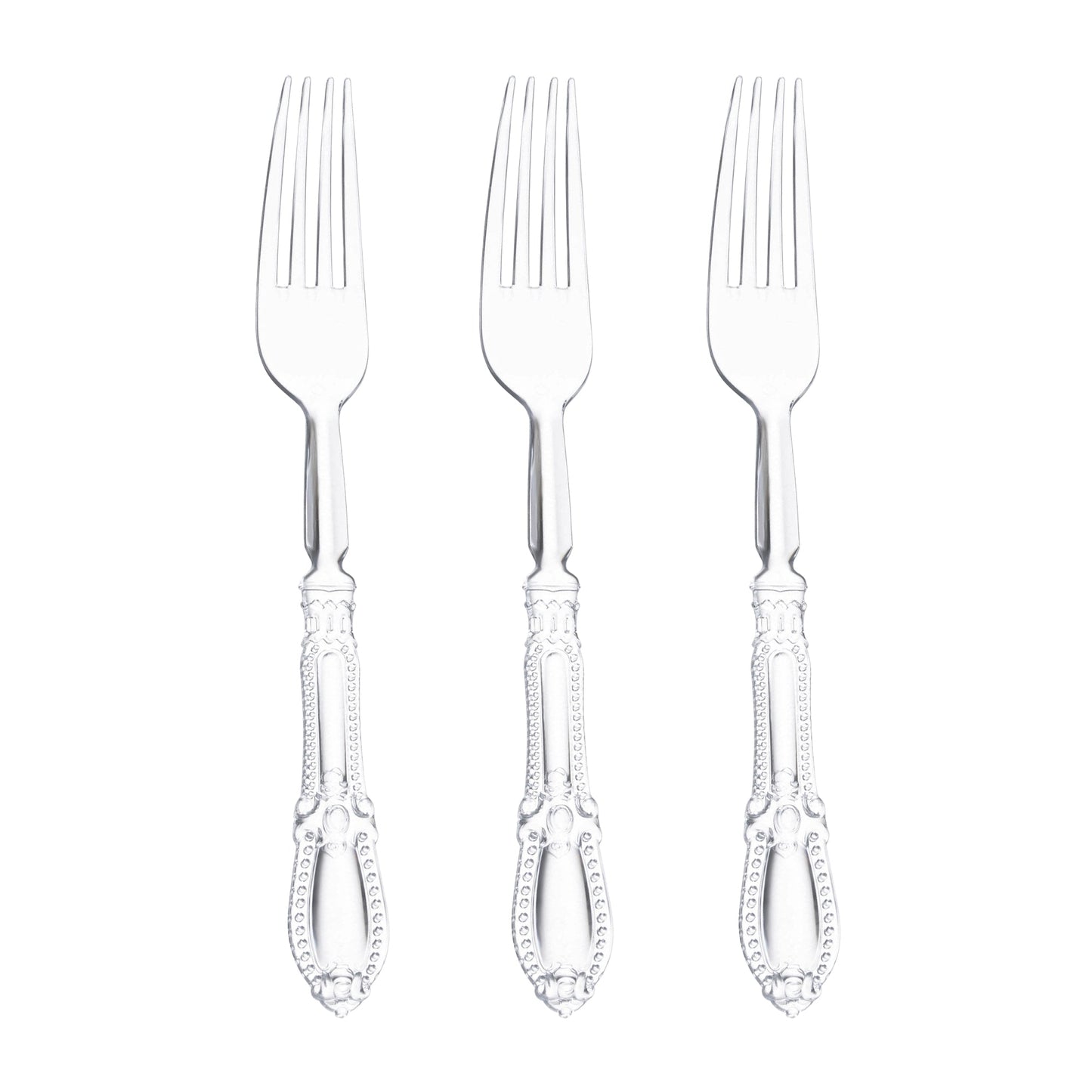 Clear Baroque disposable plastic dinner forks, 8 inches, a stylish and practical choice for weddings, banquets, and events, 480-pack