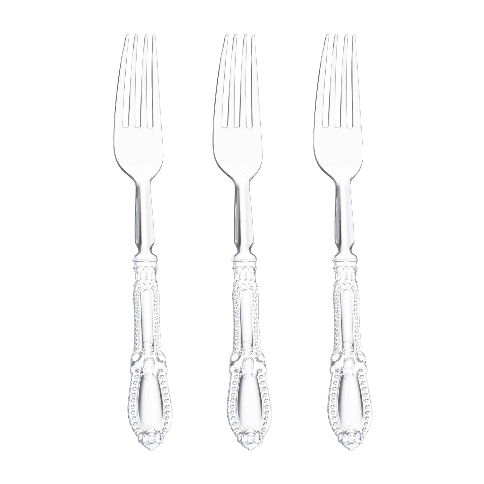 Clear Baroque disposable plastic dinner forks, 8 inches, a stylish and practical choice for weddings, banquets, and events, 480-pack