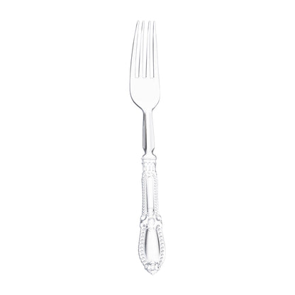Clear Baroque disposable plastic dinner forks, 8 inches long, featuring an ornate design, sold in a case of 480