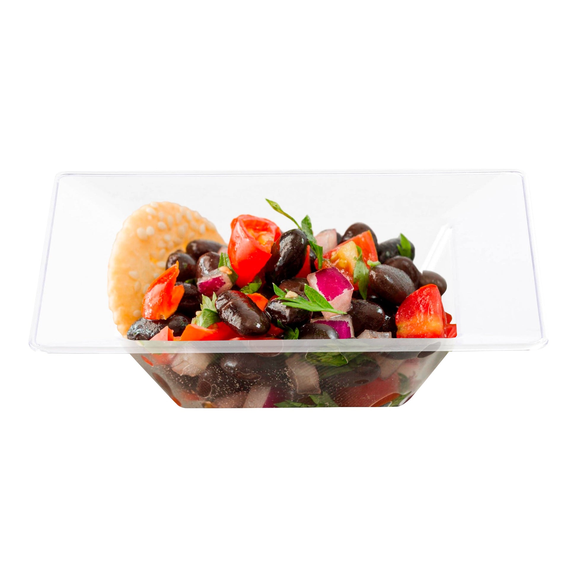 Clear Square Plastic Soup Bowl (12 oz.) containing a fresh salad of crisp lettuce and ripe tomatoes
