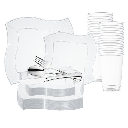 Clear Wave Plastic Wedding Value Set with silver cutlery brings sleek, modern elegance to weddings and special events