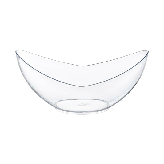 Clear big disposable plastic concave cups, 4 oz capacity, perfect for serving drinks, appetizers, or desserts, 288 cups per case.