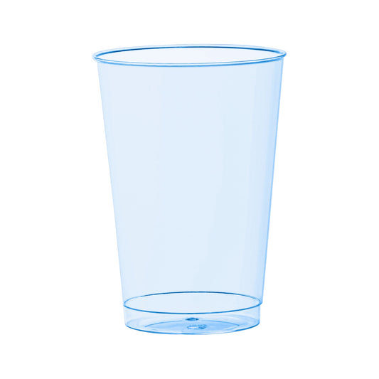 Clear blue plastic party cups with a 12 oz. capacity, perfect for birthdays, showers, and casual gatherings