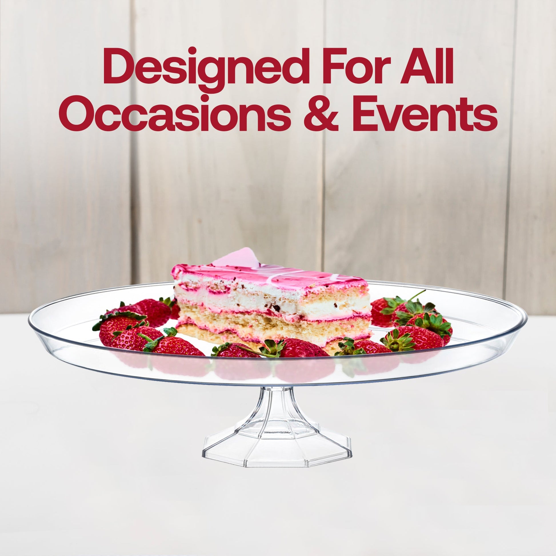 Clear cake stands shown with SKU CS105C (10.5-inch top) and CS115C (11.6-inch top) for size comparison and versatility