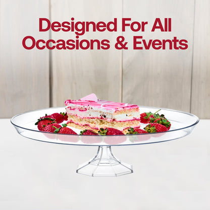 Clear cake stands shown with SKU CS115C (11.6-inch top) and a 10.5-inch version for size reference and variety